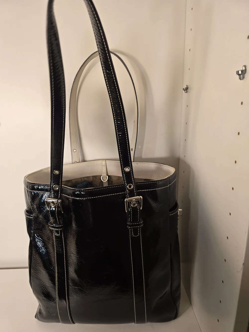Coach Black Patent Leather Tote Bag with White Trim and Signature Lining